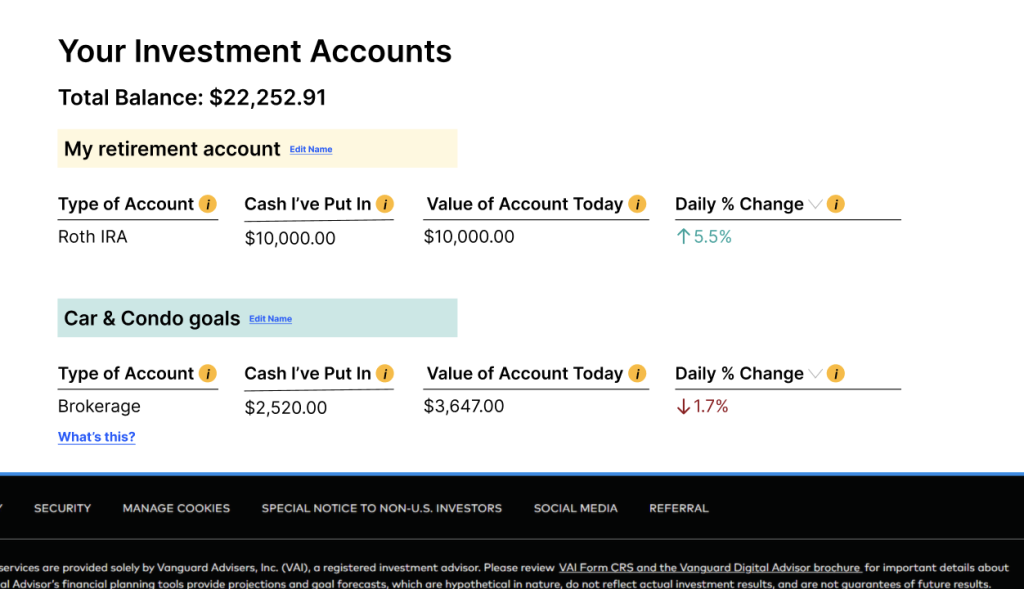 design mockup of the section Your Investment Accounts with new yellow info circles as tooltips 